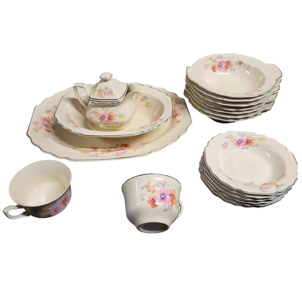 Vintage WS George Lido Canarytone Floral Dinnerware Set Platter Bowls Cups 196A